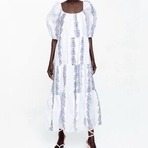 ZARA | Blue & White Patterned Maxi Dress | Blogger Fave Embroidered Puff Sleeve